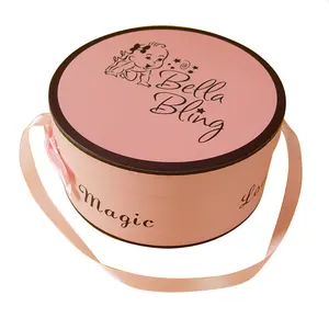 High quality eco recycle nice pink color design gift box baby clothing round paper box with pink ribbon hanger for kids clothes