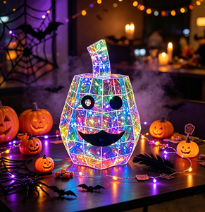 Cadeau d'Halloween, citrouille irisée Jack-o'-lantern, décoration LED, holographique prismatique, alimentée par USB, 50 LED, 8 modes dynamiques, décoration - Product Image 2
