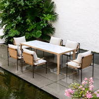 Ensemble de salle à manger en rotin et teck durable pour l'extérieur, 6 places, résistant à l'eau et au sel, mobilier de cour moderne