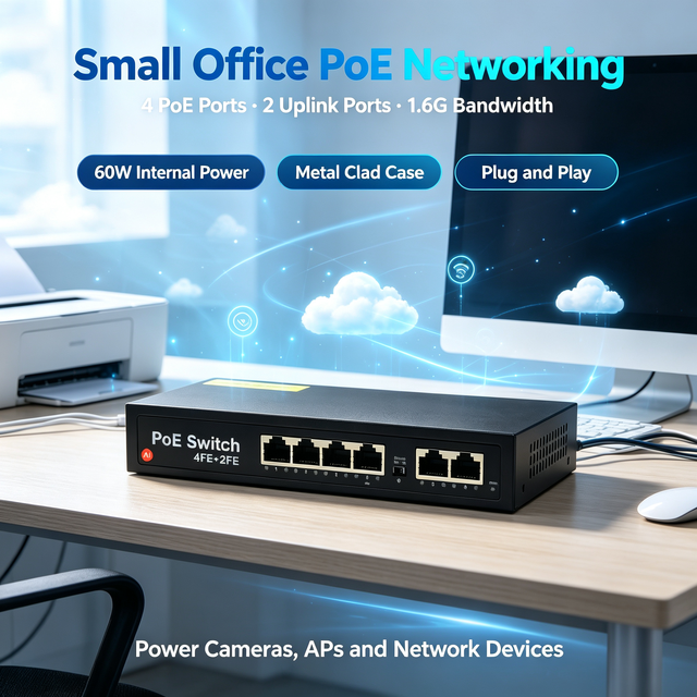6 Port Fast PoE Switch 4POE+2Uplink 60W Built-in Power IEEE802.3af/at Metal Casing for IP Camera CCTV WiFi AP