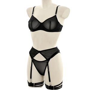Ensemble trois pièces sexy pour femme en maille de polyester, avec bande élastique respirante et fine, maintien ferme, semi-transparent, <span class=keywords><strong>jarretière</strong></span> cuisse - Product Image 4