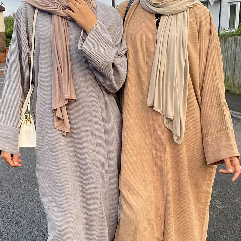 मुस्लिम महिलाएं ईद रमज़ान इस्लामिक कपड़े कॉरडरॉय अबाया कोट शीतकालीन मोटी गर्म फ्रंट बटन साइड पॉकेट