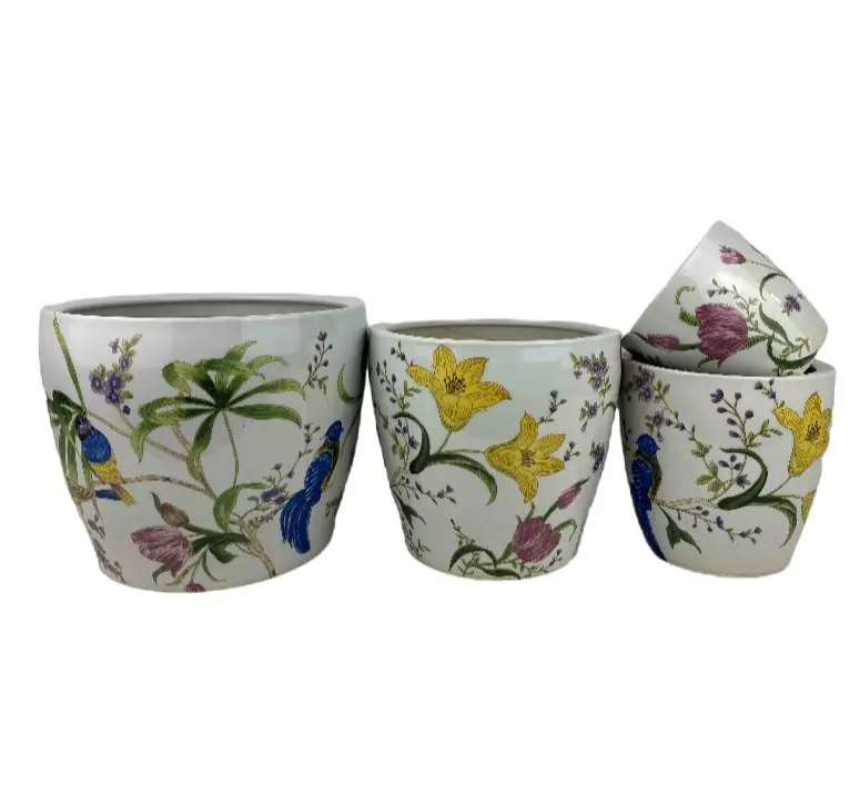 Juego de macetas de cerámica de nuevo diseño de alta calidad de 4 piezas con macetas de cerámica con diseño de flores