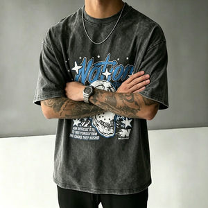 เสื้อยืดโอเวอร์ไซส์ผู้ชาย ล้างน้ำแล้ว พิมพ์ลาย คอกลม แขนสั้น ผ้าฝ้าย สไตล์วินเทจ สตรีทแวร์ - Product Image 2