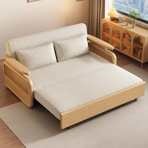 Natural <b>Wood</b> <b>Sofa</b> Bed Solid Color Cotton Linen <b>Frame</b> Structure Foldable Extendable Pull Out For Small Apartments Living Room - Product Image 2