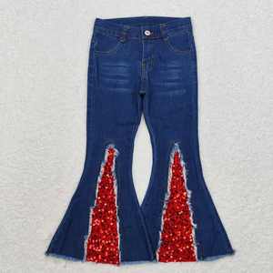 Boutique Eco-Friendly Polyester/Cotton Toddler Girl <b>Red</b> <b>Sequin</b> Bell Bottoms Western Casual Frayed Jeans - Product Image 6
