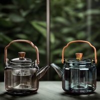 Théière en verre borosilicate soufflée à la main, grande capacité 1000 ml, avec infuseur, poignée en acajou et finition gris fumé, pour thé aux bulles (bubble tea)