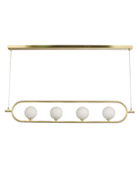 Suspension linéaire 4 lumières en fer doré avec globes en verre opale, hauteur réglable, LED 3500K blanc chaud, plafonnier AC pour usage hôtelier