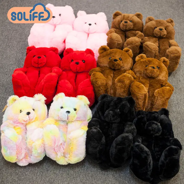 Wholesale Cheap Woman Kid Bedroom Soft Fluffy Bear Slip on Shoes Plush Teddy Bear Slippers