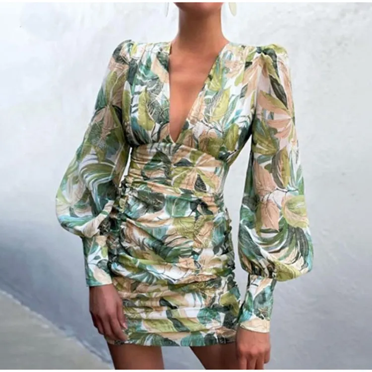 women elegant long lantern sleeve short dress v neck empire waist floral formal women dress