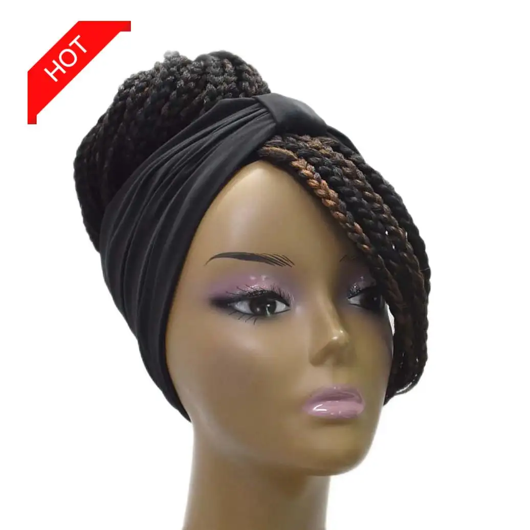 Baru Diskon Besar Wig Bungkus Turban Bob Kepang Warna Campuran Sintetis Pendek untuk Wig Hitam Wanita Poni Kepang Ikat Kepala