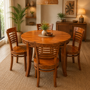 Mesa de Comedor Redonda Nórdica de Madera de Teca con Cuatro Sillas Laterales, Muebles de Madera Maciza para Apartamento, Cafetería y Comedor de Boutique - Product Image 1