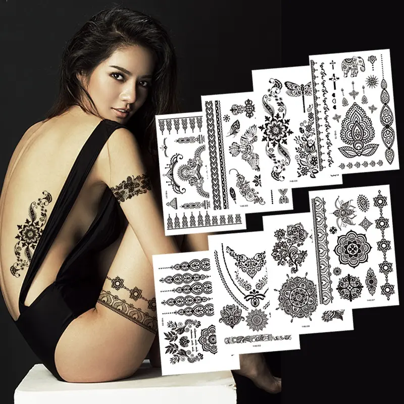 Pegatinas de encaje de henna para mujer, pegatinas de tatuaje a prueba de agua, blanco y rojo