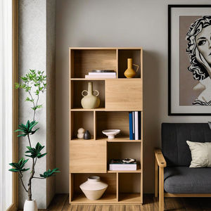 Узкий книжный шкаф с эффектом дуба, деревянная витрина с открытым и скрытым хранилищем для гостиной - Product Image 3