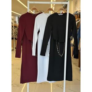 Conjunto de Vestido Elegante de Punto para Mujer, Manga Larga, con Detalle de Cadena, Negro, Blanco, Borgoña - Product Image 2