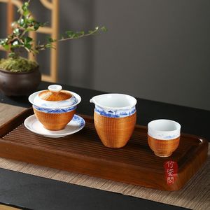 Bamboo Woven Porcelain <b>Tea</b> <b>Set</b> Jingdezhen Hand Painted Teapot Teacups With Lid Simple Style For Kung Fu <b>Tea</b> Ceremony - Product Image 1