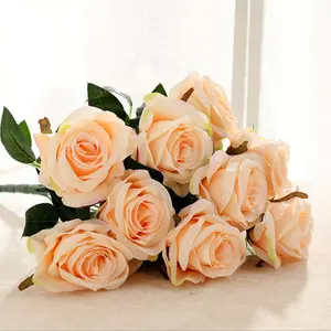 High quality real touch artificial flowers bouquet velvet silk 9 heads artificial roses with long stem for home decoration