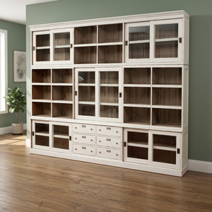 Armoire en bois massif peint en blanc moderne avec portes coulissantes en verre, 6 tiroirs, fabrication artisanale, style vintage français antique, pour la maison, le bar ou l'hôtel - Product Image 3
