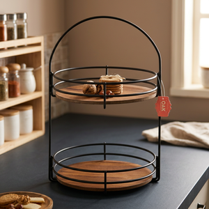 Premium 2 Tier Acacia Wood Cake Stand <b>Round</b> <b>Serving</b> <b>Tray</b> with Metal Frame Handles Luxury Dessert Drink Food Display Platter - Product Image 1