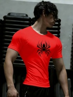 Camiseta Deportiva de Compresión de Manga Corta con Cuello Redondo y Estampado de Araña para Hombre, de Secado Rápido, Alta Elasticidad y Absorción de Humedad