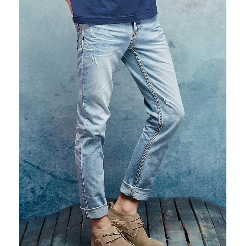Classical men's regular jeans men custom 80's vintage blue denim ripped slim fit jean pants trousers