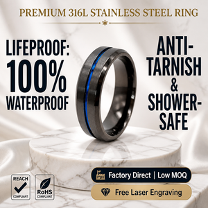 Anello Nuziale Impermeabile <span class=keywords><strong>in</strong></span> <span class=keywords><strong>Acciaio</strong></span> <span class=keywords><strong>Chirurgico</strong></span> 316L, 6mm, Finitura PVD Nera Spazzolata con Bordi Smussati Lucidi, 1 Scanalatura Blu - Product Image 1