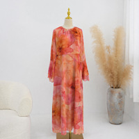 Robe longue élégante en mousseline imprimée à motifs floraux, manches longues, style islamique américain, fleurs roses, feuilles violettes et oranges