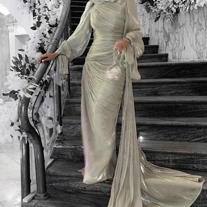 Robe longue plissée à manches longues pour femme avec traîne amovible - Robe de soirée en mousseline transparente tendance - Product Image 1