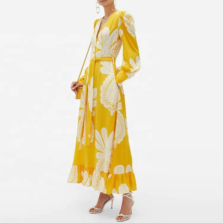 Custom branded clothing robe femme autumn maxi dress ladies yellow floral puff sleeve ruffles modest women casual midi dress