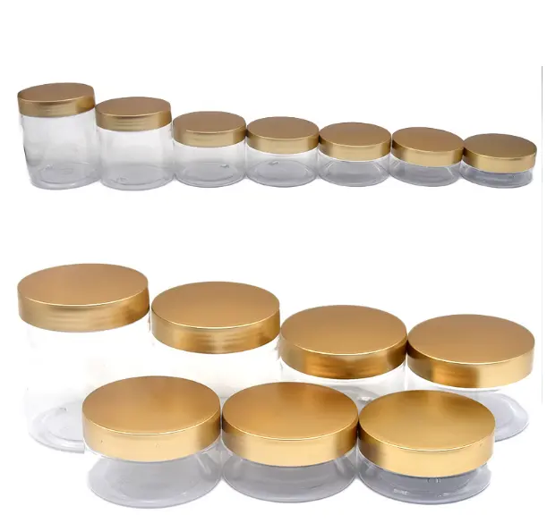 stock 50g 80g 100g 120g 150g 200g 250g PET plastic transparent serum body balm jar with gold cap for cosmetic cream and powder