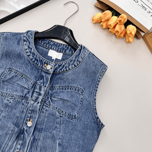 Women Blue Sleeveless <b>Denim</b> <b>Vest</b> with Button Front Casual Washed Jean <b>Jacket</b> for Daily Wear - Product Image 5