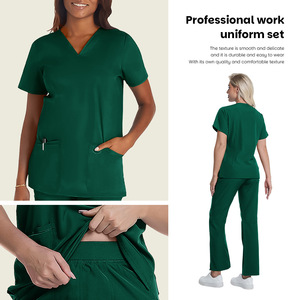 Women Hospital Scrubs Set Dark Green V-Neck Short Sleeve Pants Uniforms For Nurses Clinic Workwear - Product Image 3