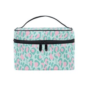 Large Capacity Turquoise Cheetah Print Custom Travel Portable Cosmetic Bags <b>Cases</b> Toiletry Bag Flip Top <b>Makeup</b> Bag with Handle - Product Image 1