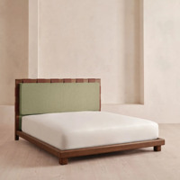 Lit en tissu moderne avec tête de lit en cuir et sangles, cadre en bois, lit plateforme, ensemble de meubles de chambre à coucher pour maison et villa