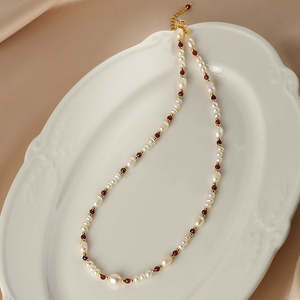 WENCHI Female Fine Jewelry <b>Sets</b> White Natural Pearl <b>Bracelet</b> Necklace Collarbone Chain French Garnet Elegant Stylish 30g - Product Image 5