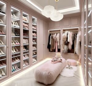 Vestidor de Lujo Color Rosa Pálido - Armarios para Zapatos de Cristal y Detalles en Dorado, Iluminación LED, Perchero Abierto para un Vestir Elegante - Product Image 6