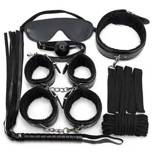 Sex Toys For Couple Whip Gag Handcuffs 7pcs Leather Bdsm Kits Plush Sex Bondage Set