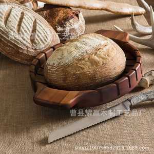 Tabla de cortar pan de madera de acacia redonda con doble asa, bandeja de drenaje de madera maciza, estilo europeo. - Product Image 4