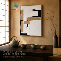 Peinture murale abstraite géométrique Japandi à bords rigides noir, blanc et beige sur toile pour salon, décoration contemporaine