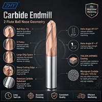 Fraise à queue sphérique ZHY CNC à 2 dents en carbure monobloc HRC45 HRC55 HRC60 avec revêtement TIALSIN pour l'usinage de l'acier de moule