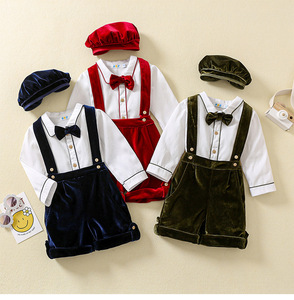 Boutique bébé garçon smocké vêtements Noël costume enfant en bas âge <span class=keywords><strong>chemise</strong></span> en coton à manches longues + cravate + Veet Shorts espagnol enfants ensemble <span class=keywords><strong>de</strong></span> vêtements - Product Image 2