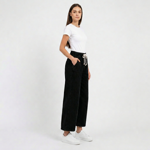 Women's Solid Draw <b>String</b> Denim Loose Fit Trousers Full Elastic Waist Breathable Comfort Logo on Right Side Back Pocket Design - Product Image 1