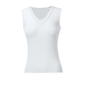 White V Neck Rhinestone Trim Sleeveless Knit Tank Top Women Slim Ribbed Knit Vest Elegant Beaded Collar Summer For Office Daily