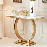 Table console moderne de luxe en métal doré, table carrée d'art avec dessus en marbre pour meubles de maison, appartement, villa, salon, utilisation dans un hall d'hôtel