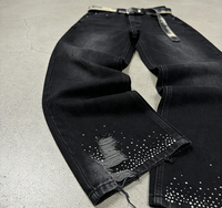 Jeans pour hommes personnalisés avec broderie de patchs usés, lavage à l'acide, impression DTG, rivets, denim, strass, style Y2k