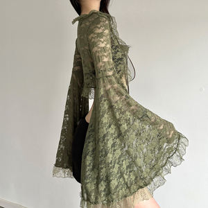 Vintage <b>Y2K</b> Fashionable Hot Girl Forest Lace-Up Loose <b>Crop</b> <b>Top</b> Sexy See-Through Versatile Flared Sleeve Breathable Eco-Friendly - Product Image 5