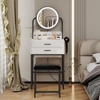 Miroir de Maquillage Lumineux en Bois avec Tiroirs, Mini Coiffeuse Compacte à 3 Couleurs Réglables, Table de Rangement Moderne Blanche pour Chambre à Coucher – Vente en Gros