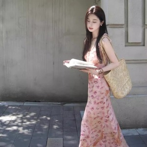 French Style Sweet Pink Floral Print Sundress <b>Elastic</b> Waist Tie Neck Sleeveless Long Dress For Leisure Summer Wear - Product Image 4