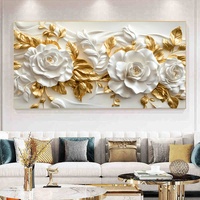 Peinture Murale Moderne Élégante Blanche Beige à Motifs Floraux et Feuilles Dorées, Tableau Encadré en Verre Diamant et Porcelaine Cristalline, Fleurs Murales