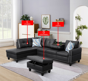 Ensemble de canapé-lit sectionnel en cuir en forme de L moderne et personnalisé avec ottoman pour salon contemporain - Product Image 1